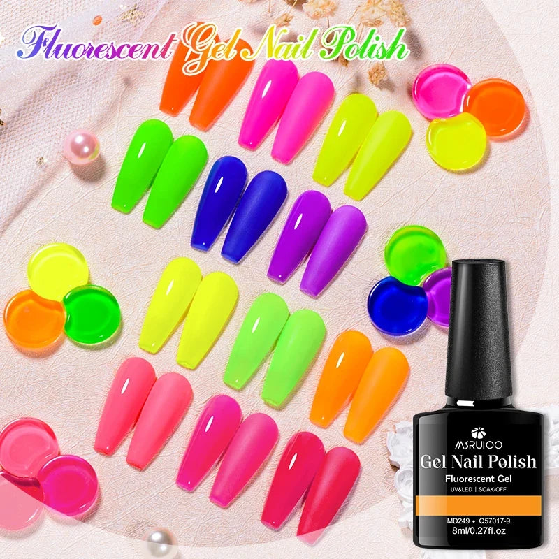 MSRUIOO 3Pcs/Set Fluorescent Gel Nail Polish Set Neon Sparkly Bright Pink Red Greern Orange Soak Off UV Gel Nail Art Varnish Set