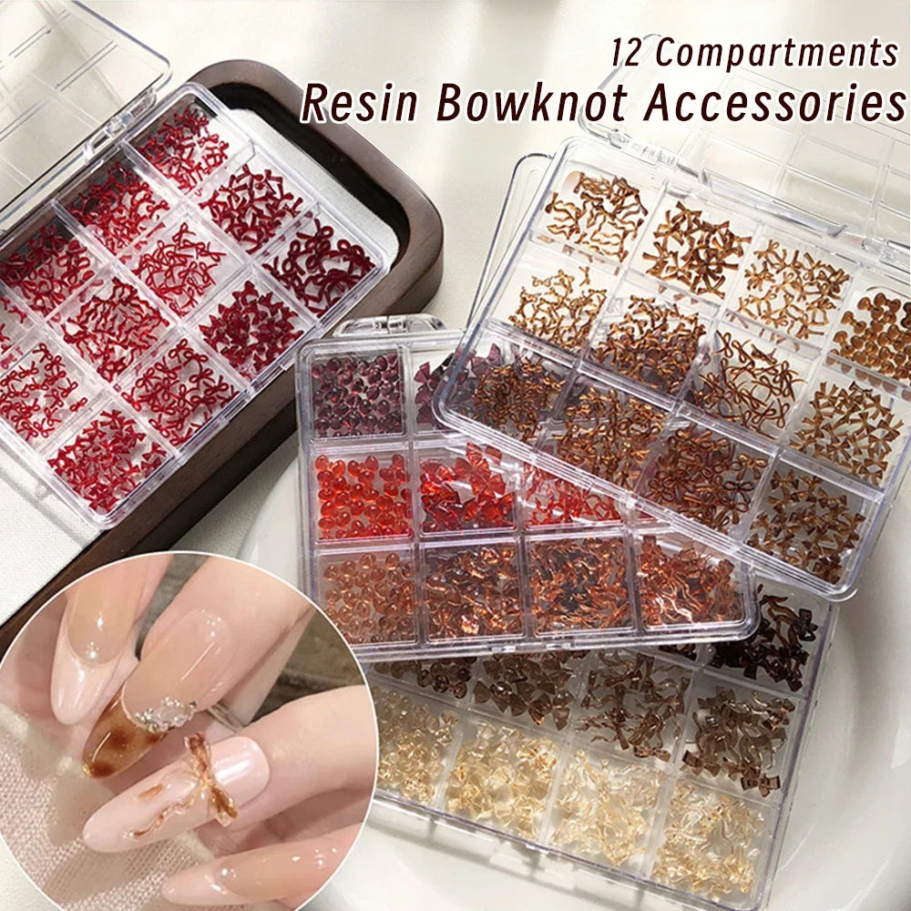 12Grids 3D Mini Maillard Brown Bowknot Kawaii Ribbon Bow New Year Nail Art Decorations Autumn Winter Y2K Bowtie Nail Rhinestones