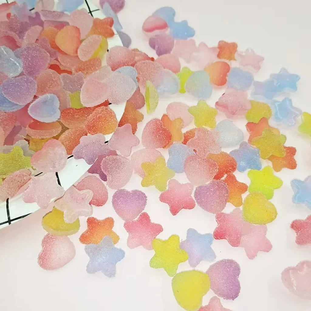 50pcs Slime Gradient Star Heart Nail Charms Mixed Candy Resin Charm Jelly Cabochon Mini Clay Polymer Slime Beads Nail Decoration