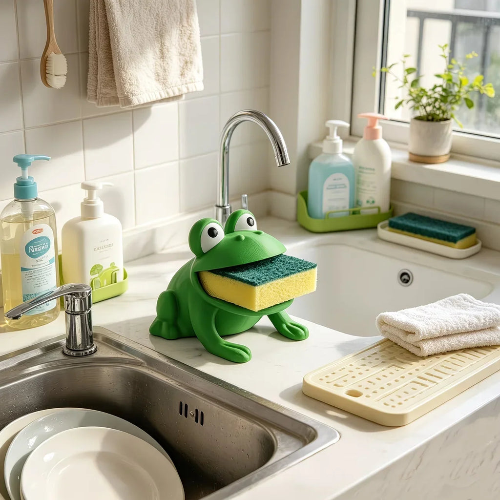 1PC Frog-Shaped Sponge Storage Rack, Kitchen Dishwashing Brush Rack, Countertop Cleaning and Draining Water Storage