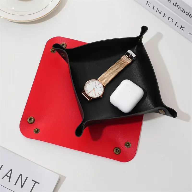 PU Valet Tray Foldable Storage Tray Makeup Keys Coins Snacks Desktop Nightstand Organizer Multi-purpose Leather Tray