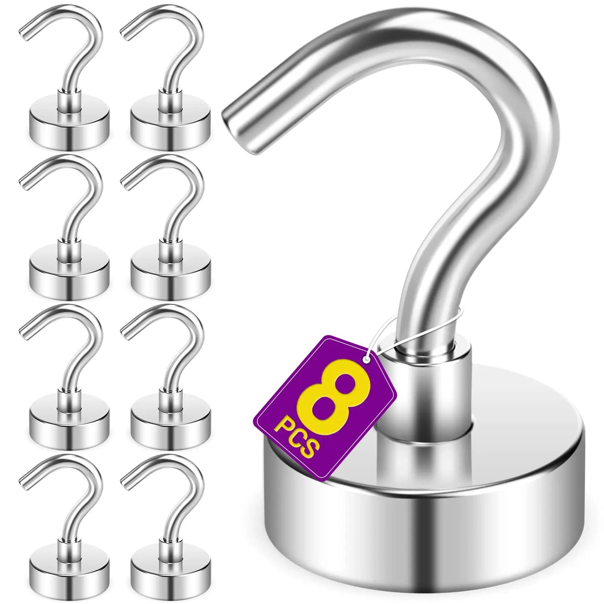 8 Pack Silver 20Lbs+ Heavy Duty Strong Magnet Hooks for Cruise Cabins, Fridge, Kitchen, Classroom, Grill and Home
