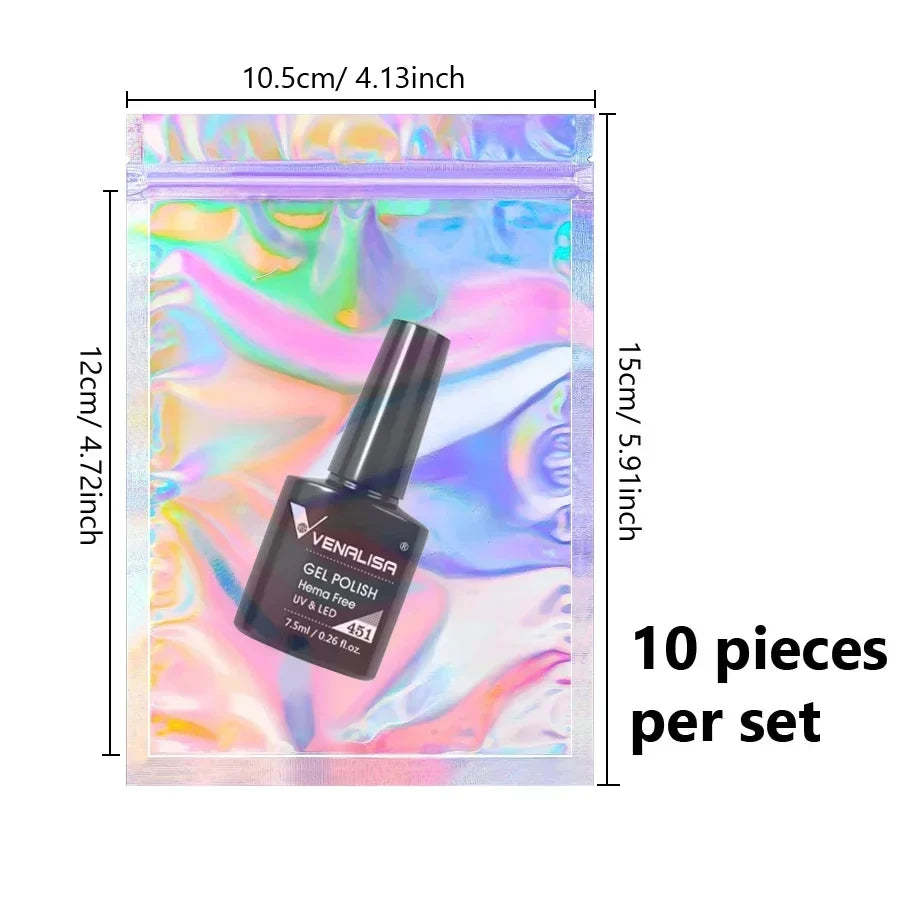 10Pcs Holographic Foil Resealable Zip Bags for Nail Rhinestones Jewelry Makeup Gel Polish Packaging Gift Pouch