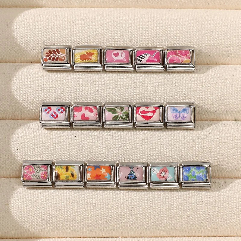 Wholesale 2026 Fashion Cute Cow Flowers Field Fish Bag Charm Italian Links Fit 9mm Bracelet Stainless Steel Making DIY Jewelry