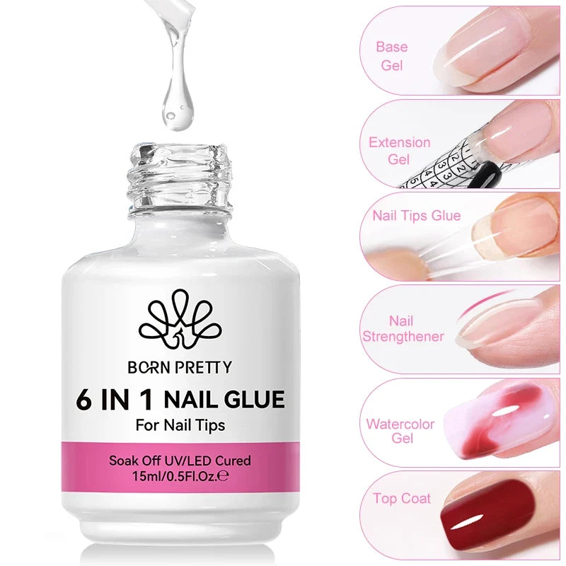 BORN PRETTY 15ml 6 IN 1 Nail Glue Gel for Acrylic Nails Soak off Base Gel Top Coat UV Extension Nail Gel False Nail Tips Gel