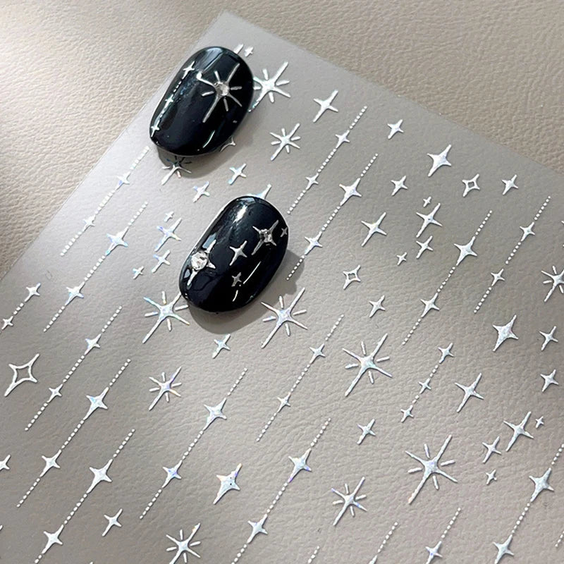 Gold Silver Stamped Starlight Laser Glitter Star Bronzing Rhinestones Relief Nail Art Decorations Stickers Manicure Decals