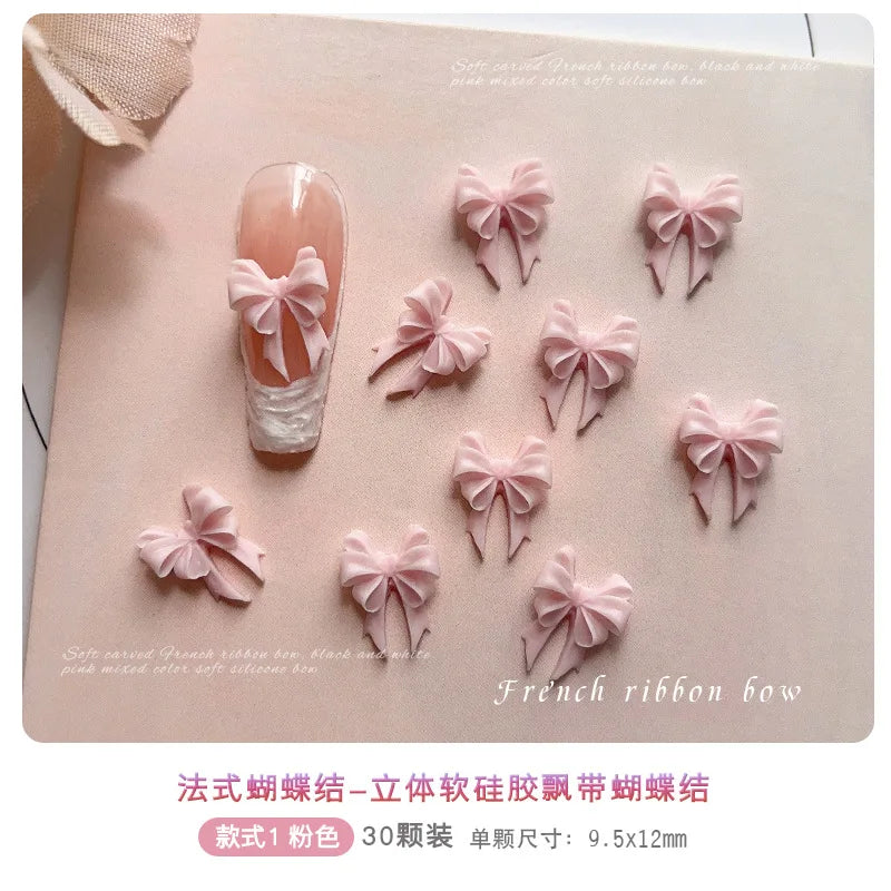 30Pcs Soft Acrylic Ribbon Bow Tie Nail Art Charms Accessories For Manicure Decor Sweet Girl Nails Decoration Supplies Material
