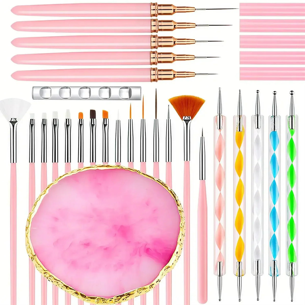 27-Piece Professional Nail Set: Brushes + Dotting Tools + Liners + Palette & Stand | Complete Salon & Home DIY Kit