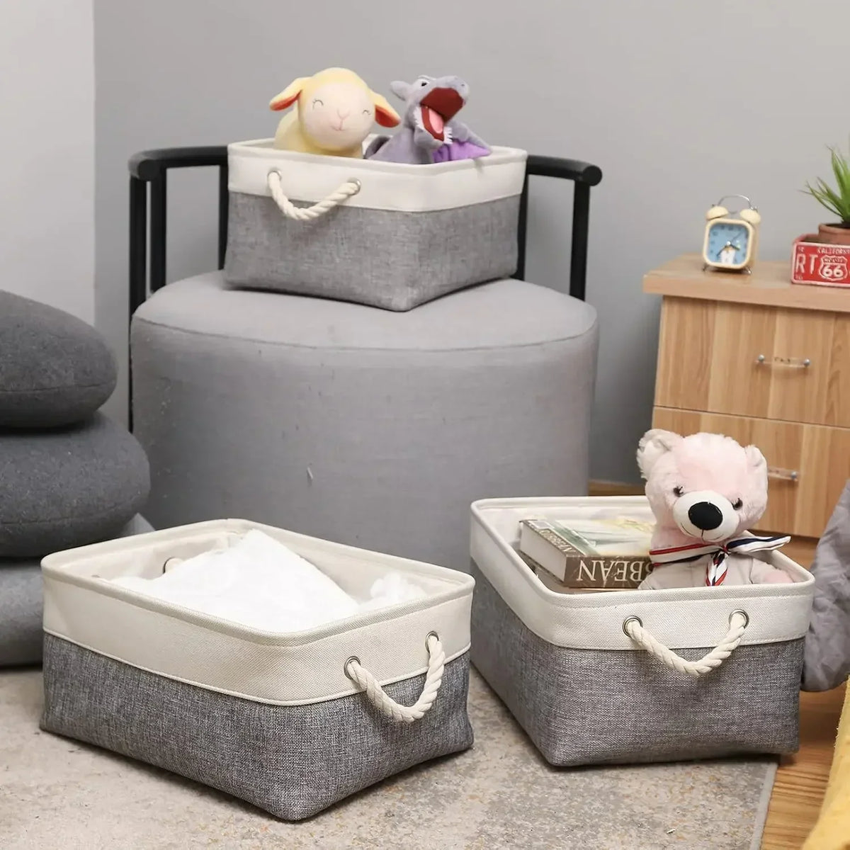 Linen Foldable Storage Basket Collapsible Sundries Storage Box with Rope Handle for Kids Toys Books Underwear Socks Organizer