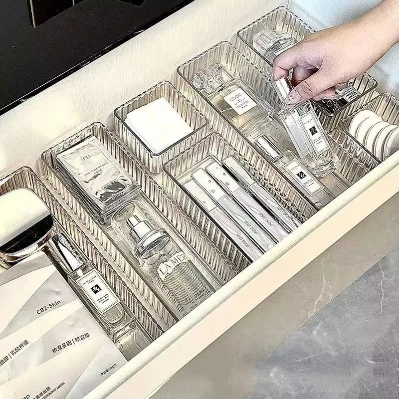 Transparent Modular Drawer Organizer Set Multi Use Storage Trays for Makeup Skincare Kitchen Tools Bathroom Vanity Organization