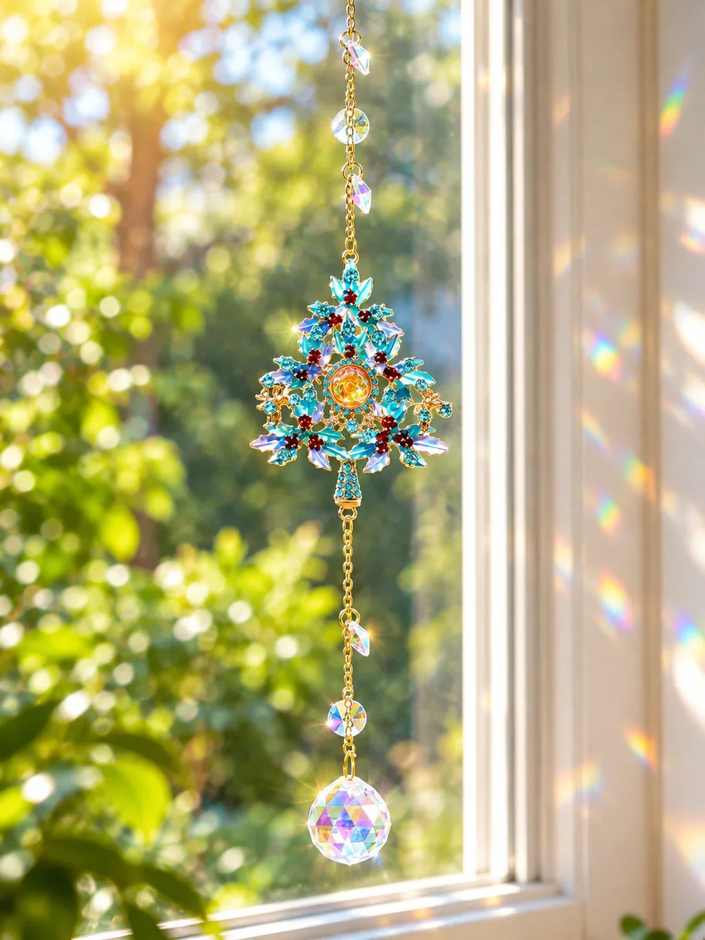Crystal Christmas Tree Suncatcher Hanging Ornament with Rainbow Prism Ball, Sparkling Window Decor for Home Garden Gift