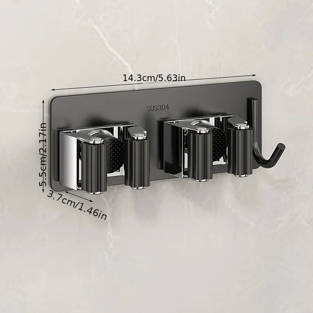 Self-Adhesive No-Drill Mop And Broom HolderStainless Steel Hooks for Kitchen Toilet Bathroom Organization Storage Solution