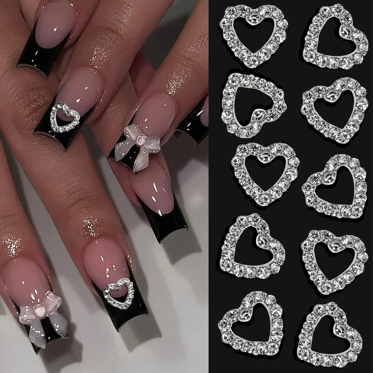 10pcs Silver Diamond Heart Shape Nail Art Charms 3D Nail Alloy Hollow-Out Crystal DIY Manicure Art Decoration Accessories