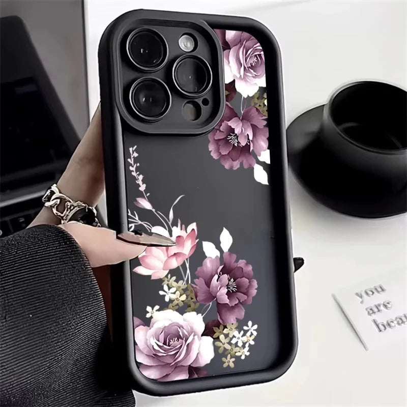 Purple Flower Pattern Phone Case For iPhone 17 16 15 14 13 12 11 Pro Plus Max XR 17 Air 16E Shockproof Soft Silicone Back Cover