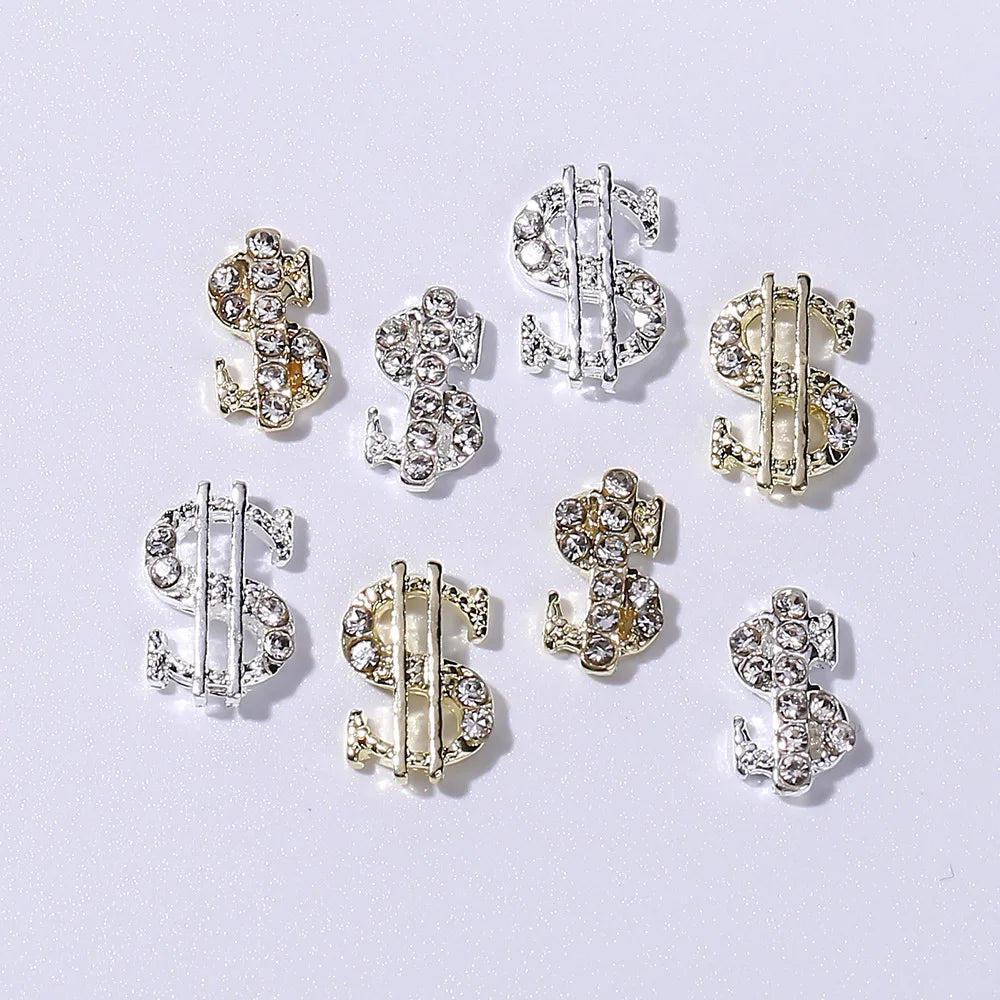 10pcs 3D Dollar Sign Nail Art Charms Metal Alloy Dollar Nail Diamond Accessories with Gems Rhinestones Luxury Money Supplies