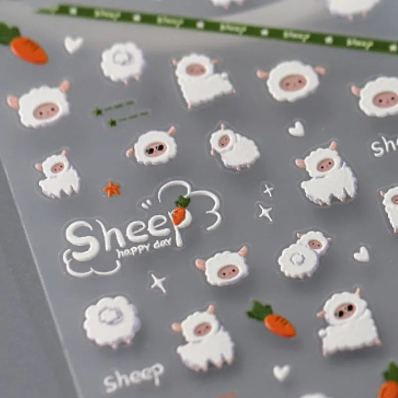 1pcs 5D Relief Kawaii Sheep Nail Art Stickers Cartoon Acrylic Exquisite Self Adhesive Transfer Nail Decoration Slider Decals DIY
