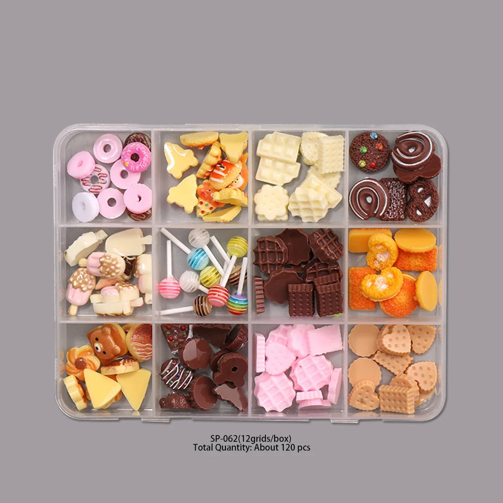 12Grids Box Sweet Dessert Nail Art Charms 3D Resin Donut Chocolate Lollipop Gems Kawaii Style for Music Festival Party DI