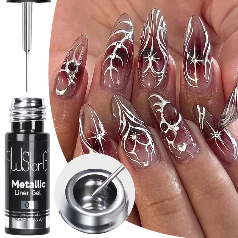 AWStorG 1/3 Pcs Metallic Liner Paint Gel Nail Polish Chrome Mirror Metal Effect Super Bright French  Semi Permanent  UV LED Gels