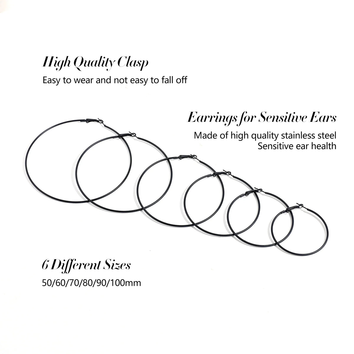 5 Sizes Stainless Steel Black Round Circle Hoop Earrings for Women Punk Exaggerated Smooth Statement Earring Gothic Jewelry Gift