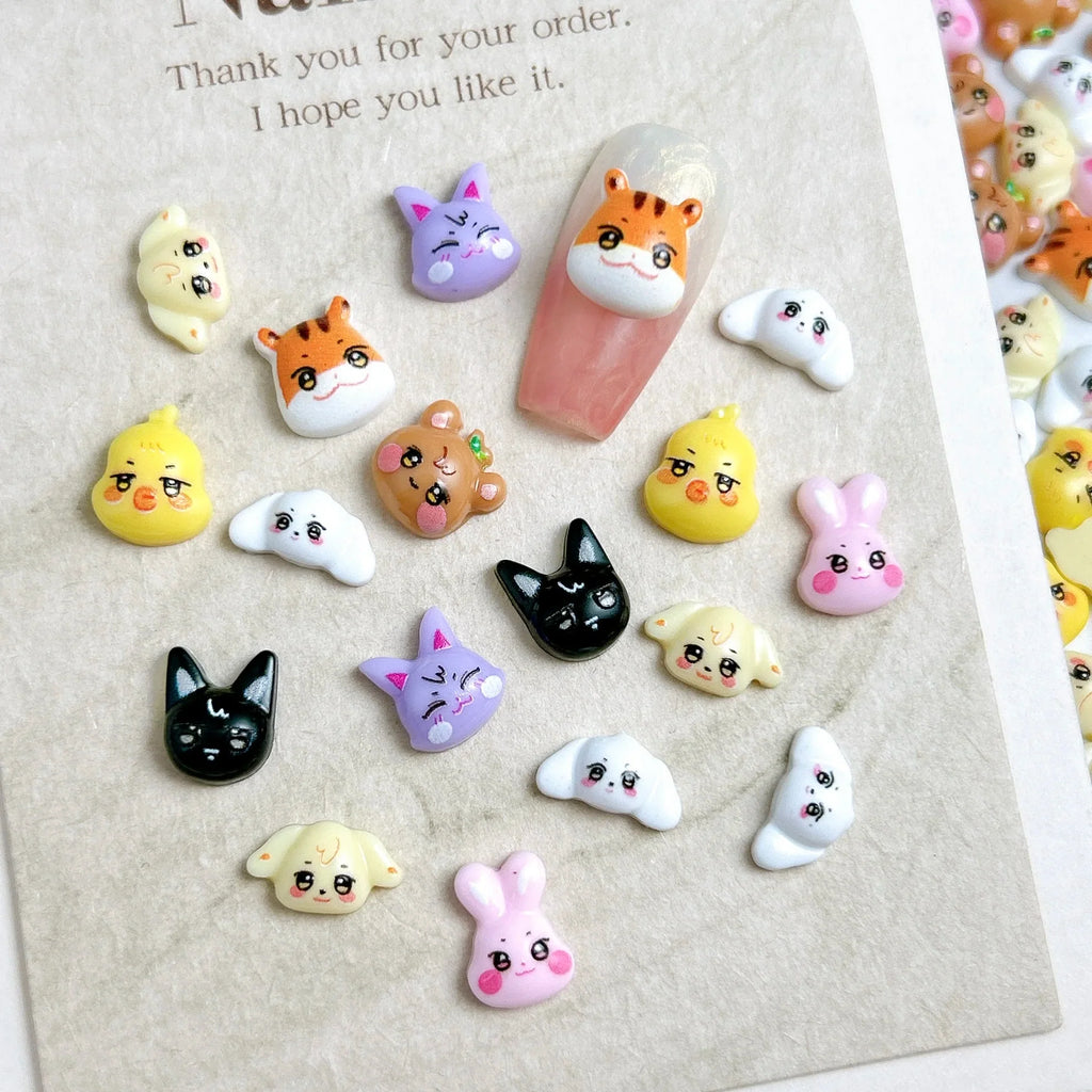 30PCS Creative Painted Kawaii Animal Series Nail Art Charms 3D Cartoon Rabbit Bear Tiger Resin Nail Decorations for DIY Manicure