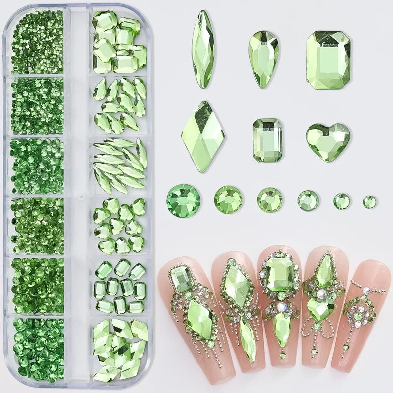 12 Grids Hot Selling Rhinestones Nail Art Charms 3D Set Multi-shapes Colorful Flatback Diamonds Nail Decoration DIY Nail Parts