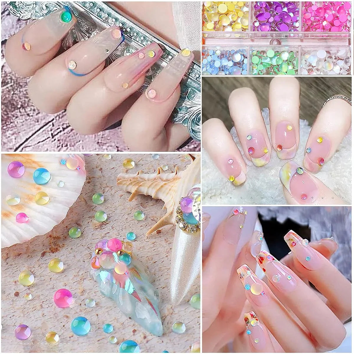 12 Grids Sparkling Aurora Flatback Mermaid Beads Nail Art Charms 3D Crystal Candy Bubble Beads DIY Kid Manicure Decoration Parts