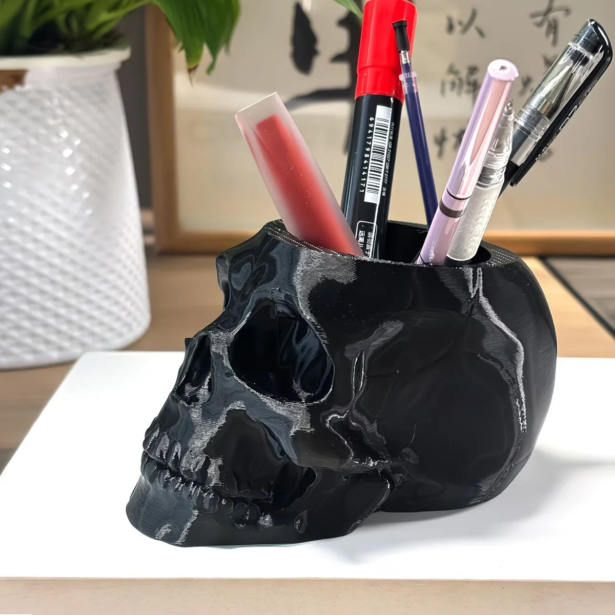 Skull Pen Holder Skull Makeup Brush Holder Skull Planter, Goth Decorations Home Office Indoor Desk Decorations