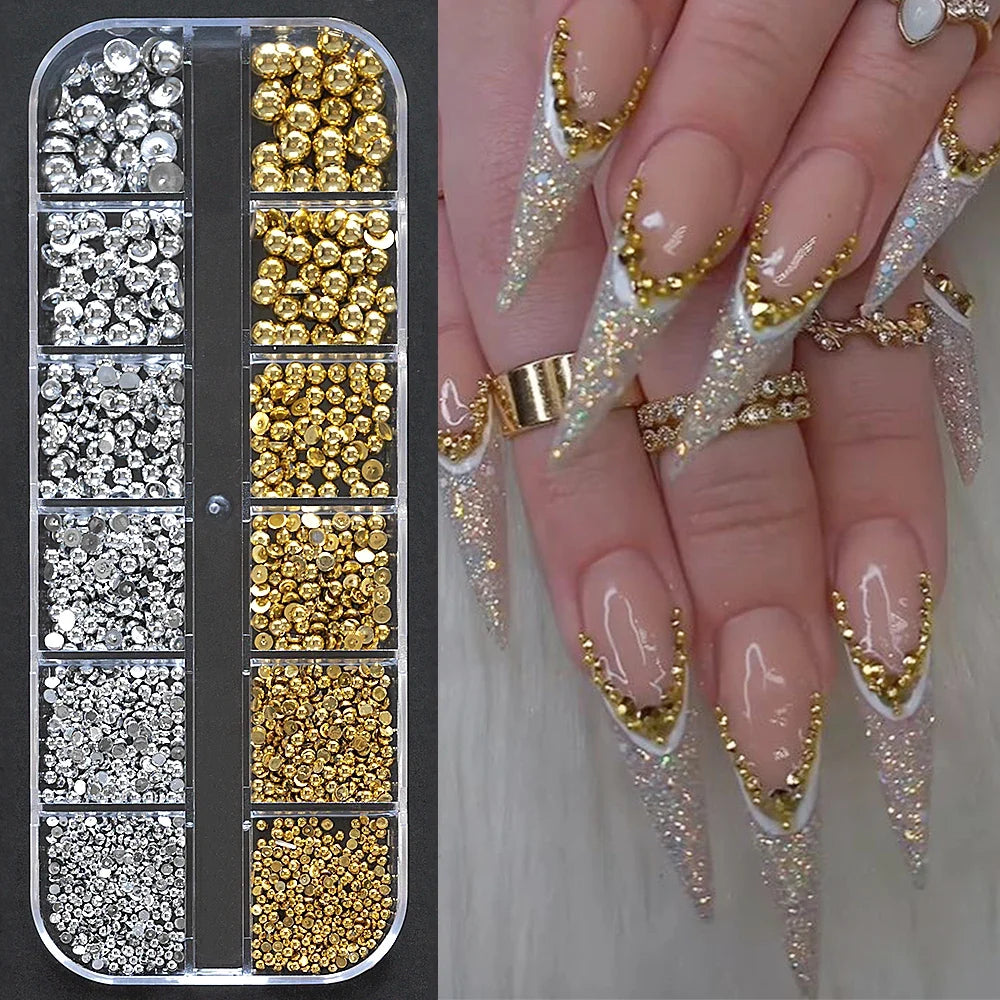 12Grids Ocean Gold Nail Art Charms Shell/Seahorse/Starfish White Half Round Pearl Gems 3D Mixed Punk Manicure Metal Rivets Studs