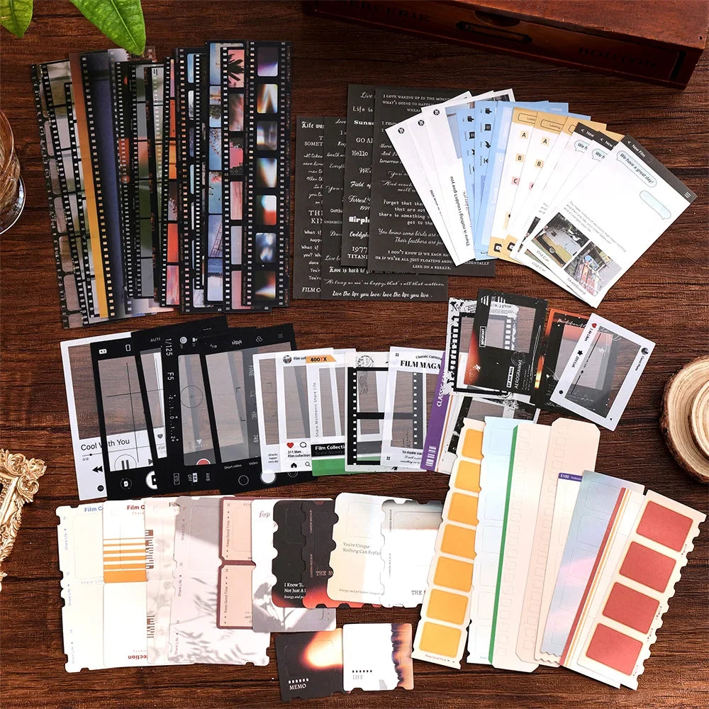 100 Pcs/Pack Vintage Movie Film Cards Notes And Stickers Set Pack For Scrapbook Kit Film Strip Photo Frame Journaling Supplies