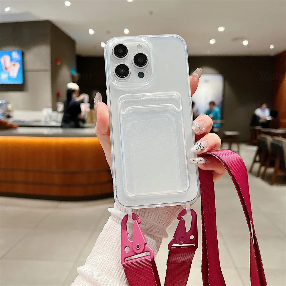 Crossbody Necklace Wide Lanyard Clear Card Holder Wallet Phone Case For iPhone 17 16 14 13 15 Pro Max 12 11 Soft Silicone Cover