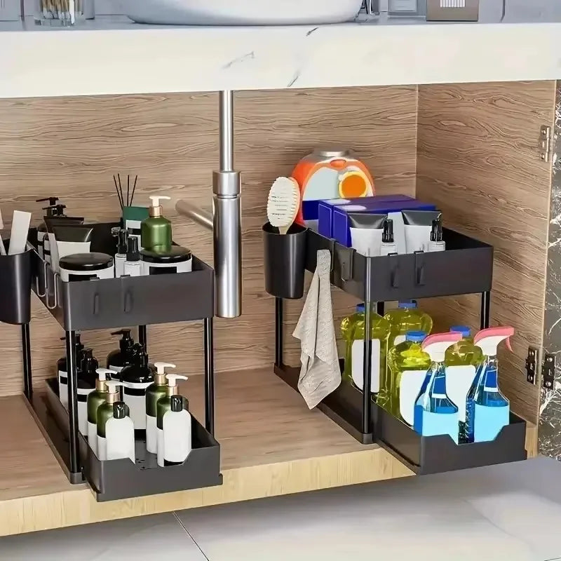 2 Tier Under Sink Organizer Sliding Cabinet Basket with Hooks Hanging Cup Kitchen Bathroom Space Saving Storage Rack