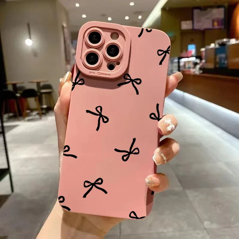 Black Bowknot Love Heart Silicone Soft Phone Case For iPhone 11 12 13 14 15 16 17 Pro Max 16 Plus 16E X XR XS Max 17 Air Cover