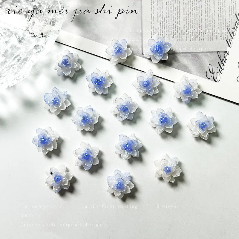 20pcs Kawaii Blue Gradient Resin Nail Art Charms Japanese Flower Butterfly Nail Decorations DIY Acrylic Rhinestones Accessories