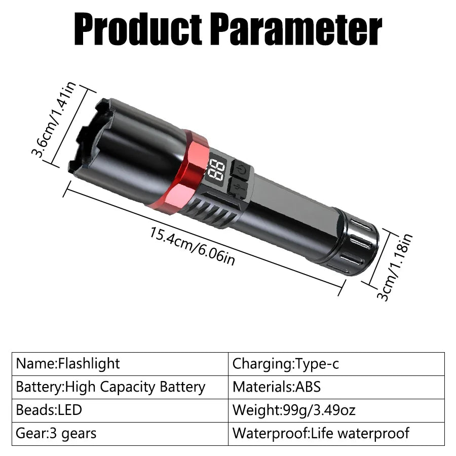 Super Bright LED Flashlight USB Rechargeable Flashlights with Tactical Zoom High Power Spotlight Outdoor Camping Fishing Torch