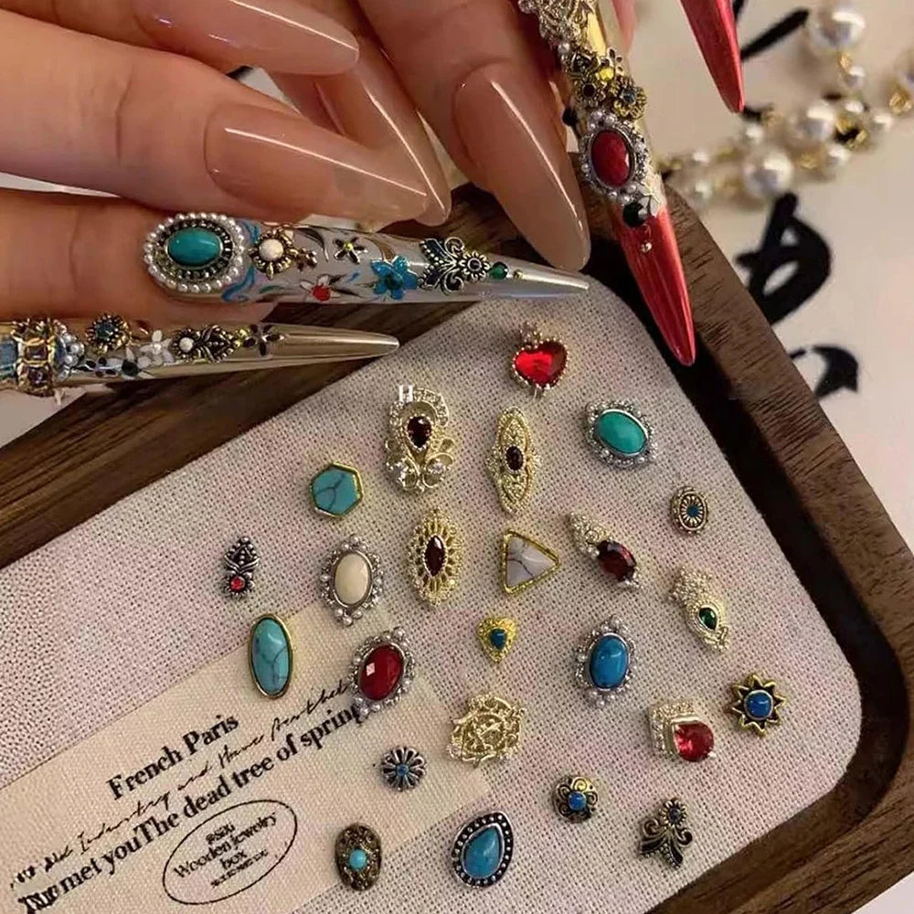 20pcs Bohemia Nail Art Charms Retro Mixed Alloy Turquoise Totem Nail Diamonds 3D  Marble Gems for Manicure DIY Decorations