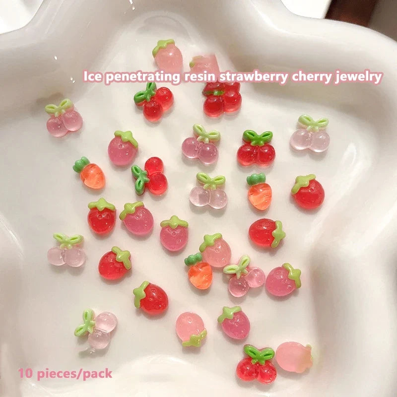 10pcs Nail Art Charms Resin Mini Cherry Strawberry Nail Art Flat Back Stone Figurines Scrapbook DIY Jewelry Decor Crafts