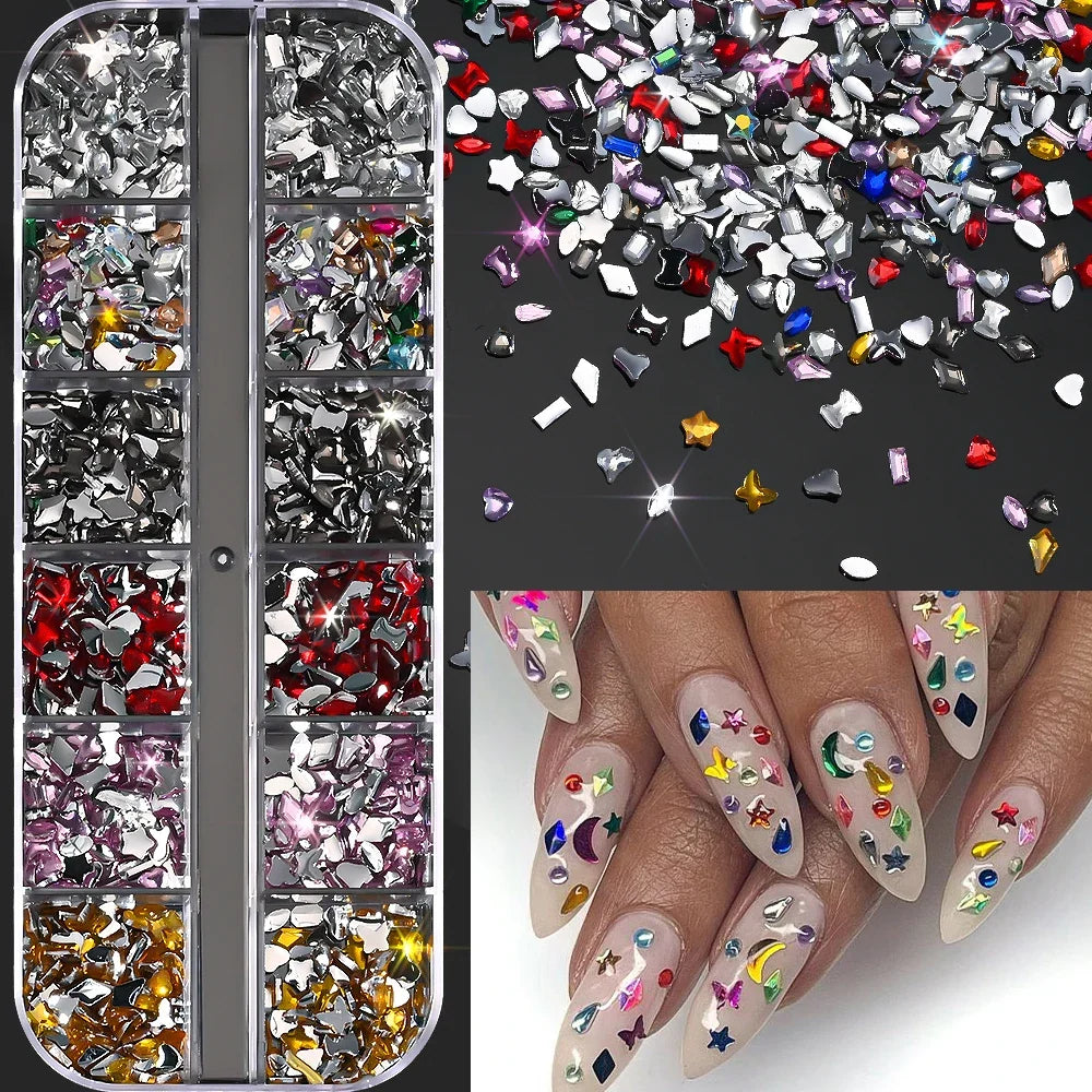 12Grids Ocean Gold Nail Art Charms Shell/Seahorse/Starfish White Half Round Pearl Gems 3D Mixed Punk Manicure Metal Rivets Studs