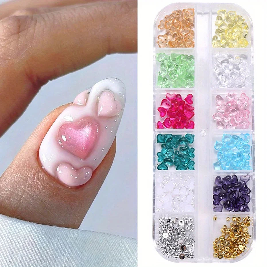 12 Grids Heart Shape Nail Art Charms Transparent Love Heart Resin Jewelry Pearl Half Bead Valentine's Decor Manicure Rhinestone