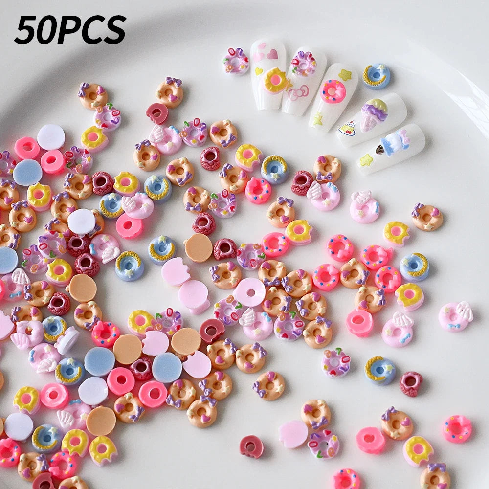 50Pcs 3D Mixed Cartoon Donuts Nail Art Charms Kawaii Dessert/Doughnut Nails Decorations for DIY Crafts Hair Manicure Accessories