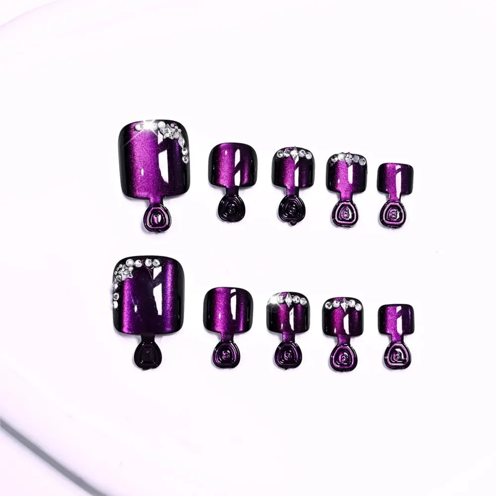 24pcs Glossy Purple Cat Eye Short Square Press On Toenails Shiny Diamond French False Toe Nails Full Cover Acrylic Toenails DR4@