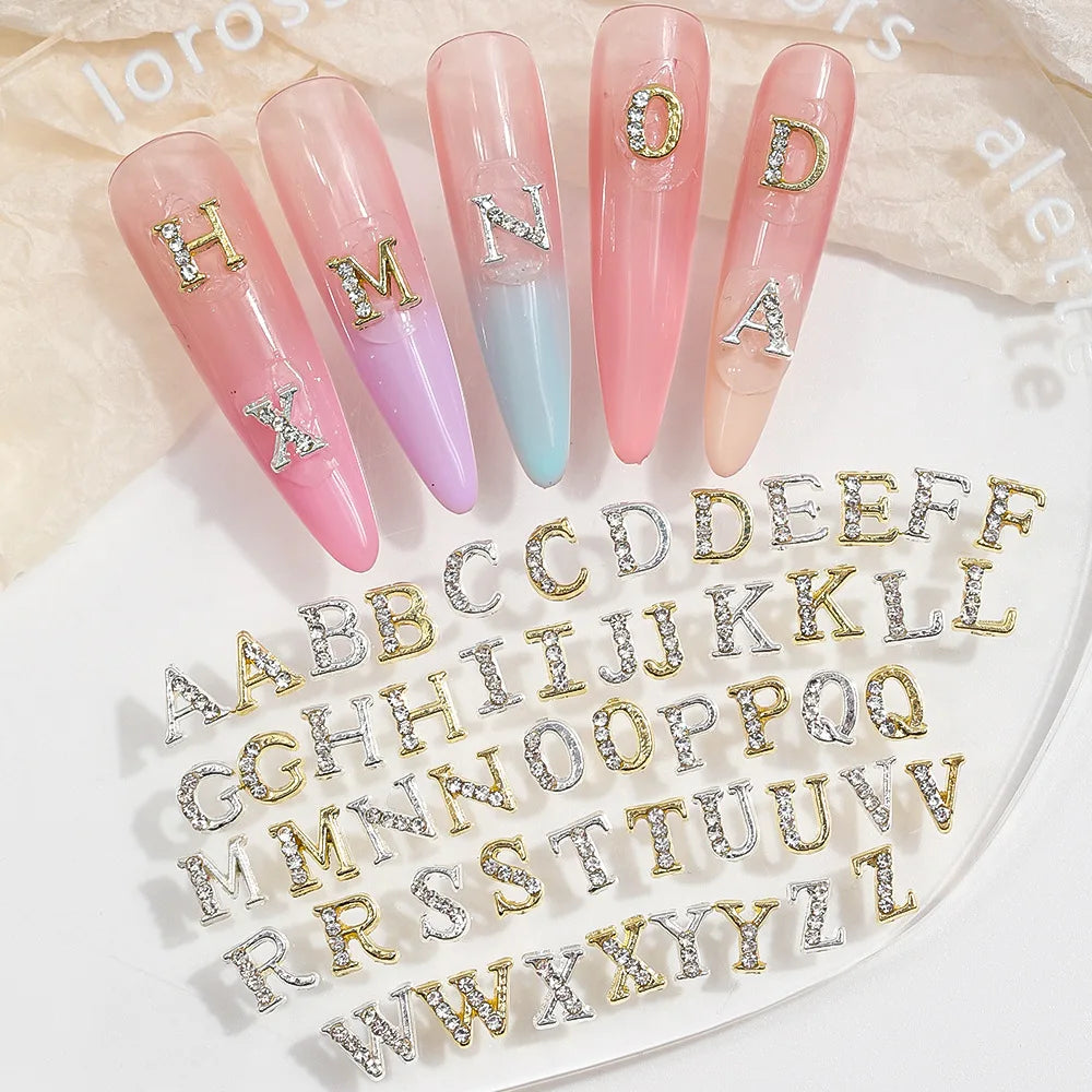 26Pcs Silver Rhinestone Alphabet Nail Charms Set-A-Z Letters Nail Gems,Custom Name Initial Nail Art Decorations for DIY Nail
