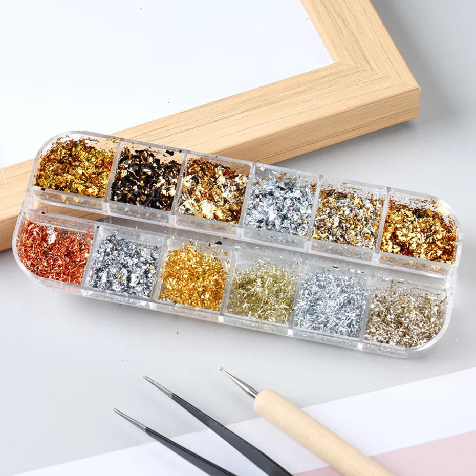 12 Grids Golden Silvery Foils Glitter Nail Art Flakes Sequins Gorgeous Nails Glitter Irregular Sparkles Flakes  Nail Art Decor