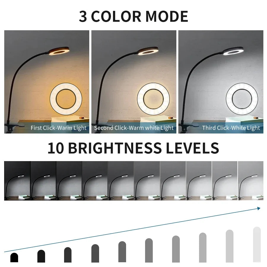 48 LEDs Clip on Desk Lamp 360°Flexible Gooseneck Reading Table Light Eye-Caring USB Clamp Books Night Light Study Read Light