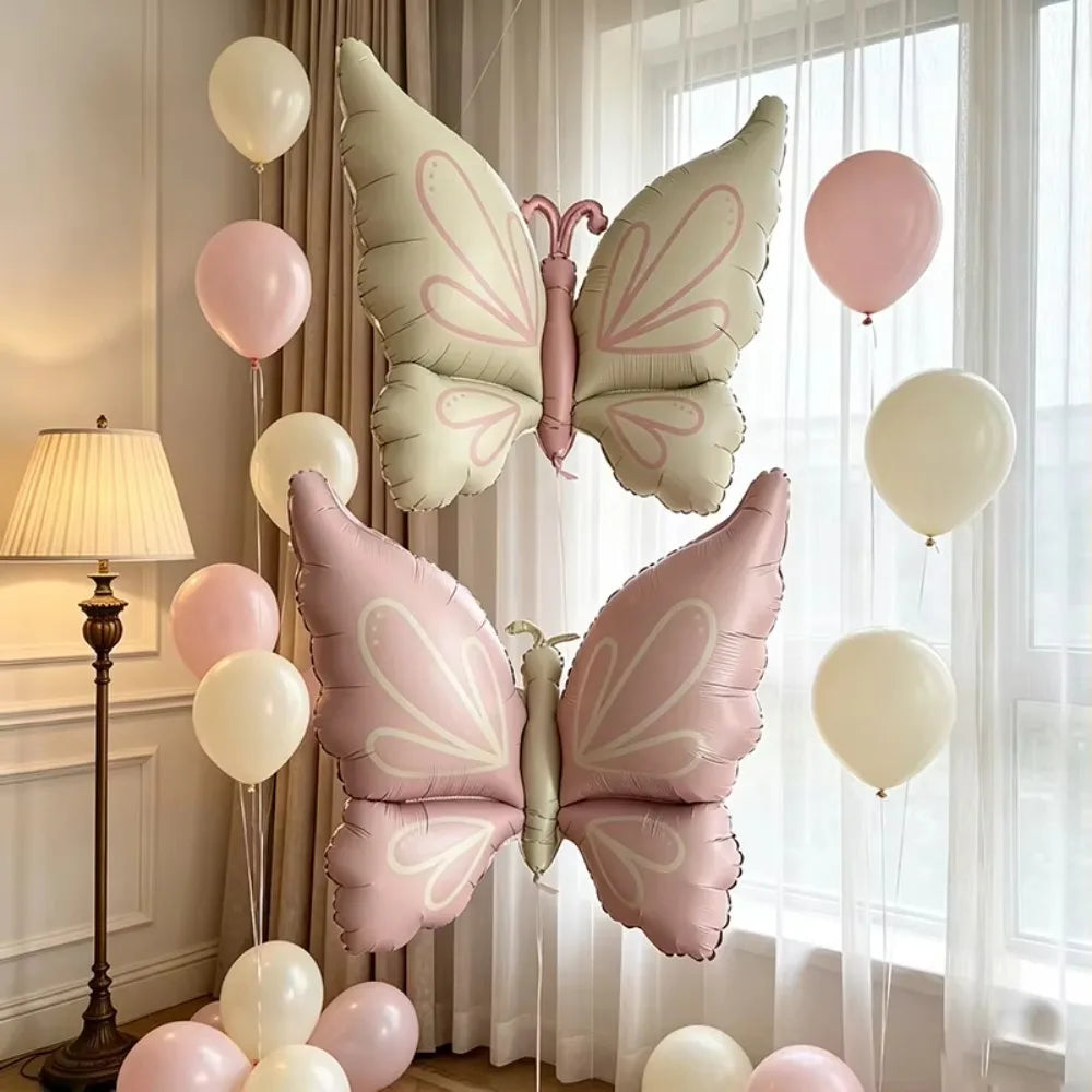 2Pcs Pastel Butterfly Foil Balloons, Large Pink White Butterfly Aluminum Balloon for Birthday Baby Shower Party Decorations