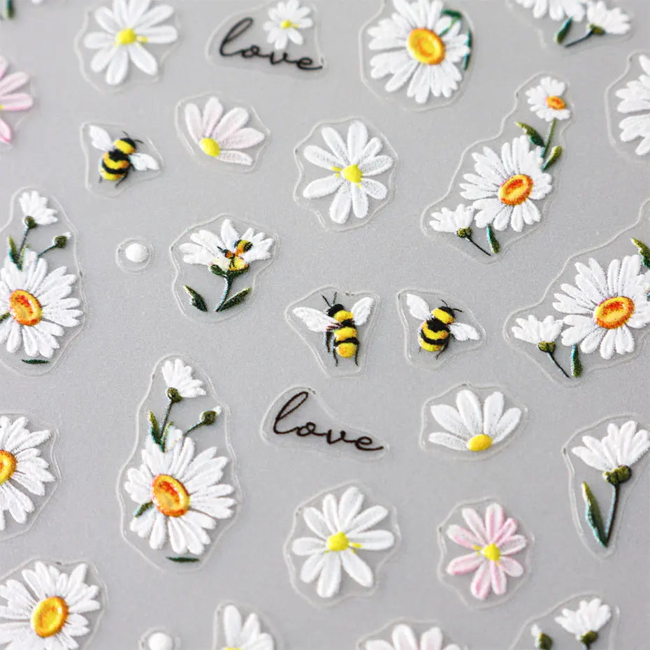 2pcs 5D Embossed Spring Daisy Nails Decals Cute Bee Ladybug Nail Stickers Blossom Petals Adhesive Charms Manicure Slider Decor