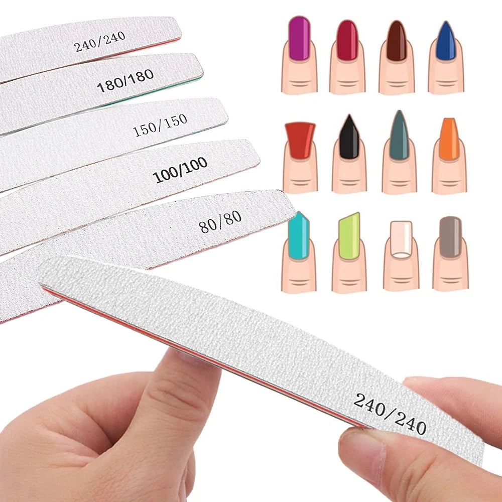 10Pcs/Lot Professional Nail Polish File Set 80 100 150 180 240 Grit Nail File Moon Style Manicure Limes Nails Files Buffer Tools