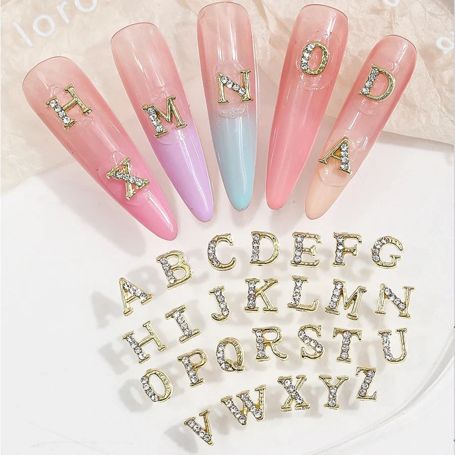 26Pcs Silver Rhinestone Alphabet Nail Charms Set-A-Z Letters Nail Gems,Custom Name Initial Nail Art Decorations for DIY Nail
