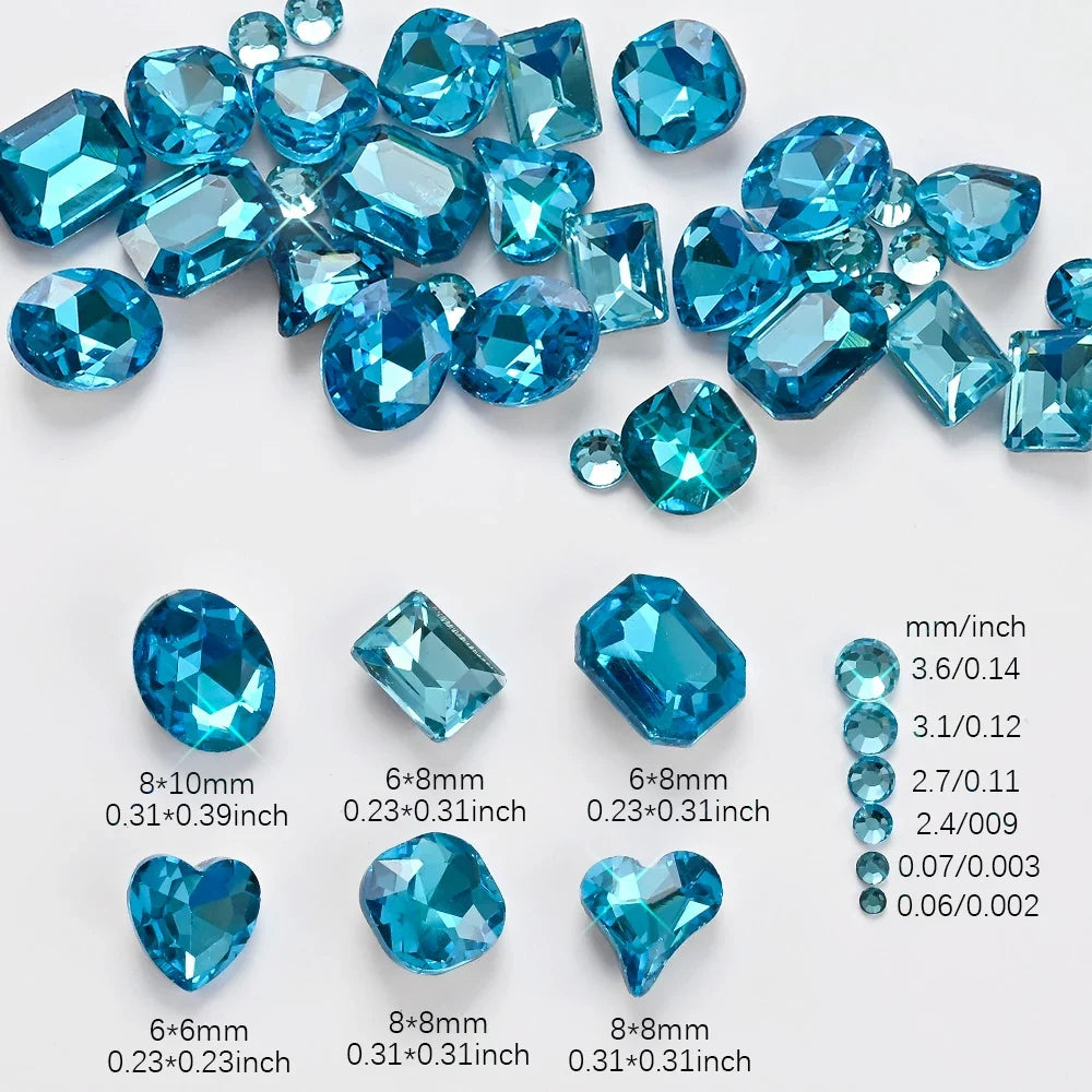12Grids 3D Lake Blue Mixed Shape Nail Rhinestones Square/Round/Heart Glass Diamond Nail Art Charms Luxury Manicure Jewelry Gems