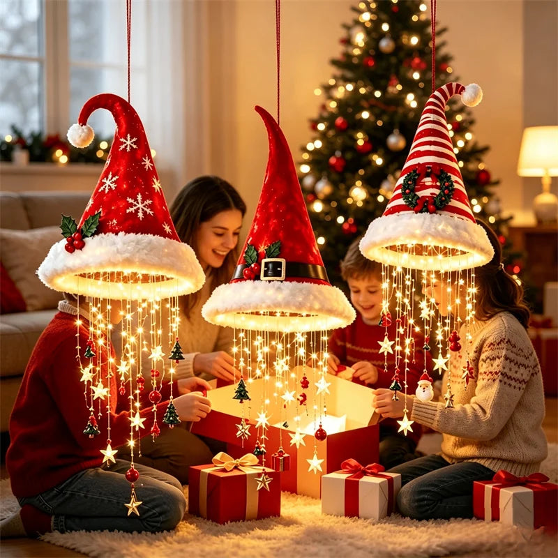DIY Lighted Santa Hat Chandelier - Warm LED Glowing Christmas Ornaments Hanging Chandelier 5 Styles for Festive Decor