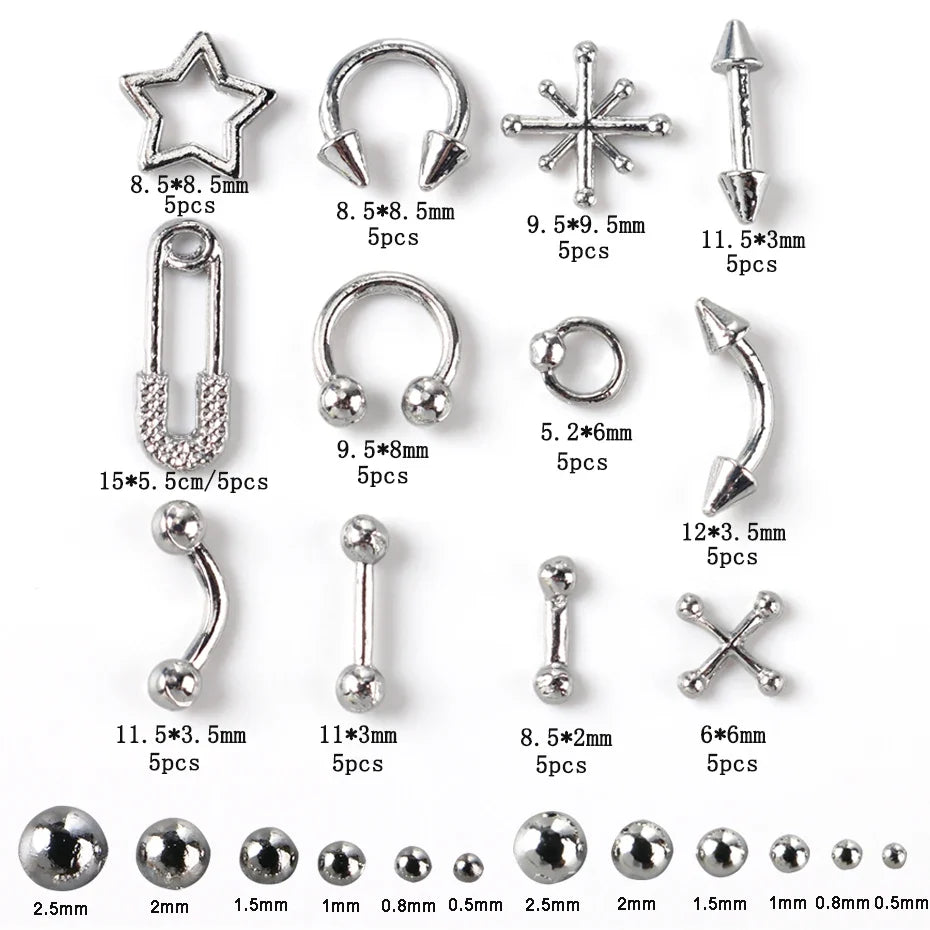 12 Grids Punk Silvery Gothic Punk Nail Charms Studs Metal Rivets Alloy Piercing Grunge DIY Nail Art Decoration Y2K Nail Supplies